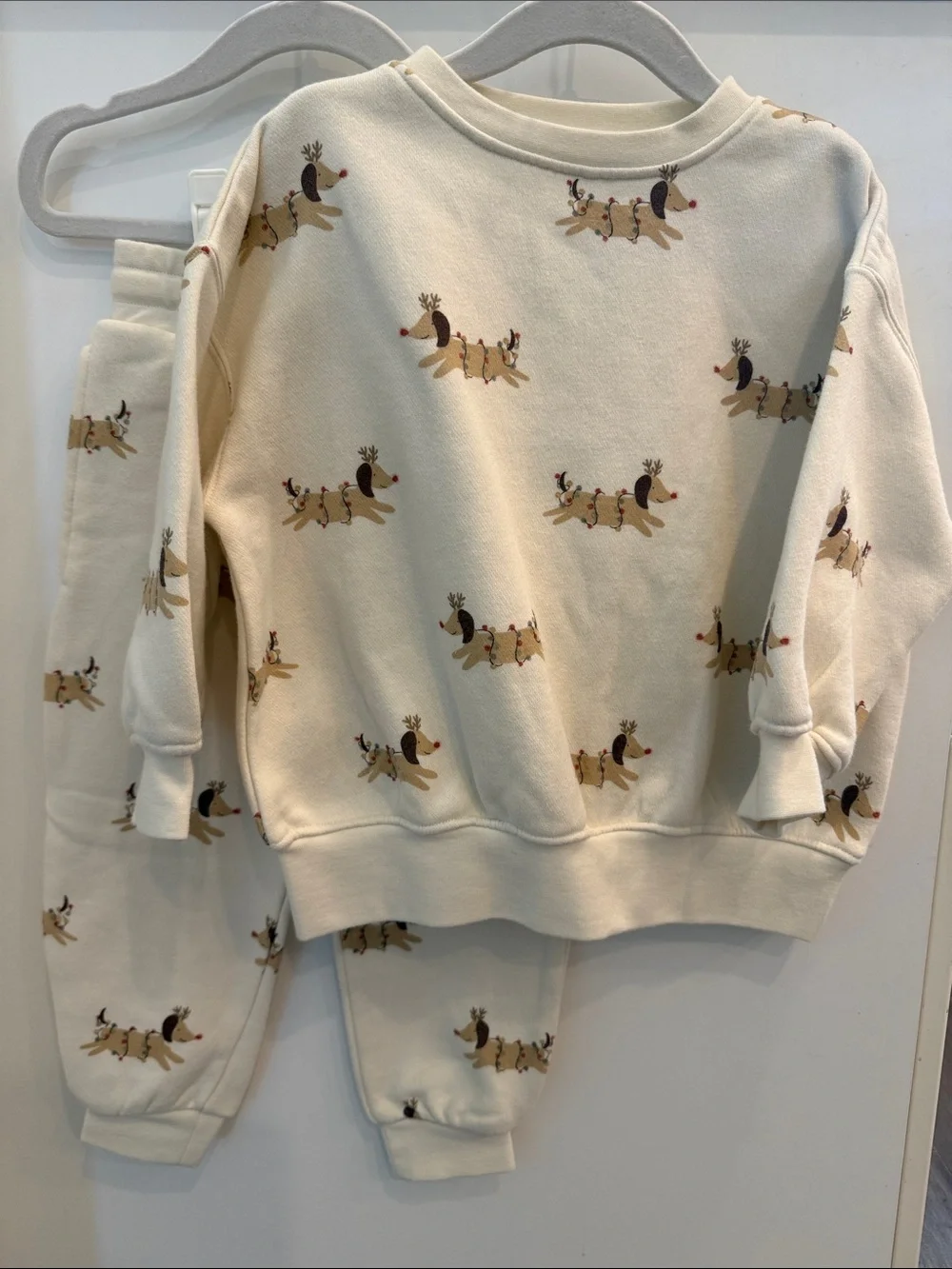 Rylee + Cru Cream Reindeer Print Kids jogger set